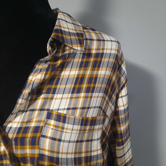 Rachel Roy Long Sleeve Navy Blue Dark Yellow Plaid BF Style Button Up Shirt - Picture 9 of 13